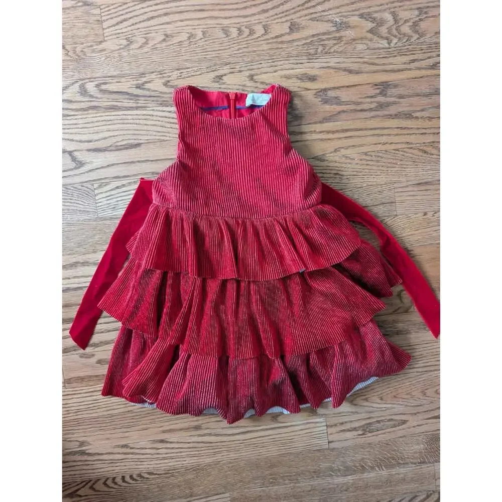 Mini Boden Red pleated metallic tiered pleated dress Size 3-4y